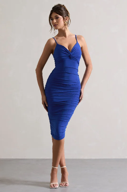 High - low midi dresses with geometric patterns for a modern party Desired | Royal Blue Knot Detail Ruched Midi Dress