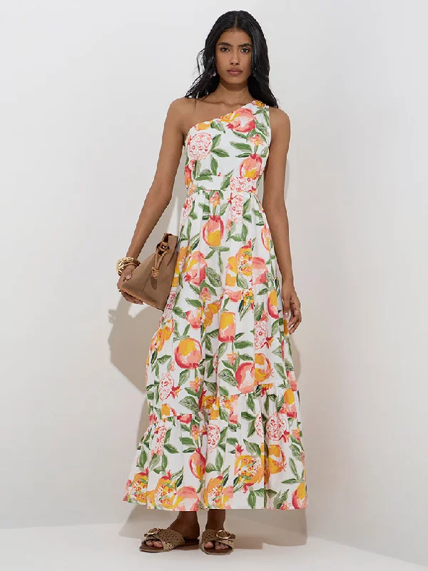 Mini dresses with criss - cross backs for a flirty look LOV White Botanical Design One-Shoulder Dress Mini dresses with criss - cross backs for a flirty look LOV White Botanical Design One-Shoulder Dress
