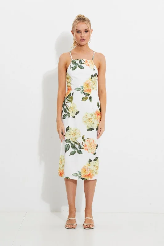 Midi dresses with geometric cutouts for a contemporary and edgy look Print Designer Yellow Rose Racer Neck Slip Midi Dress Midi dresses with geometric cutouts for a contemporary and edgy look Print Designer Yellow Rose Racer Neck Slip Midi Dress