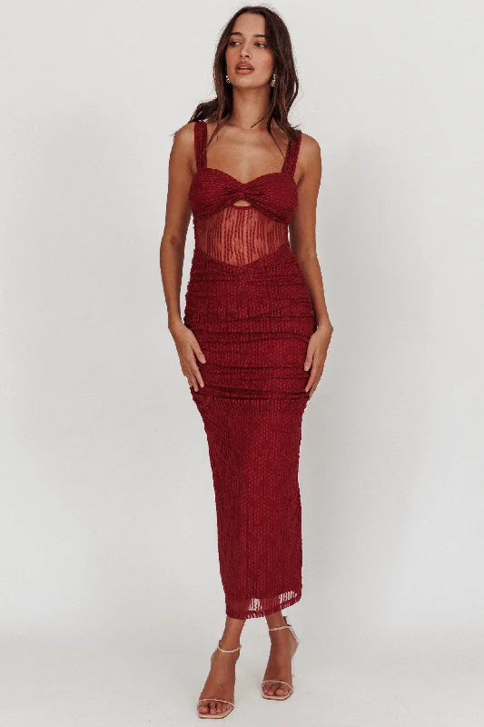 Midi dresses with wrap - around skirts for a customizable fit Oliana Lace Midi Dress Burgundy