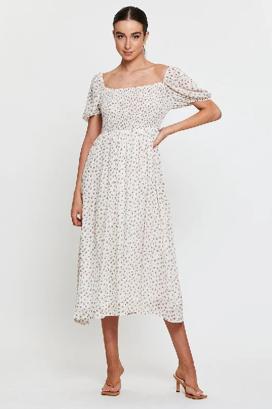 Midi dresses with puff sleeves for a vintage - inspired look Print Midi Dress Short Sleeve Round Neck Midi dresses with puff sleeves for a vintage - inspired look Print Midi Dress Short Sleeve Round Neck