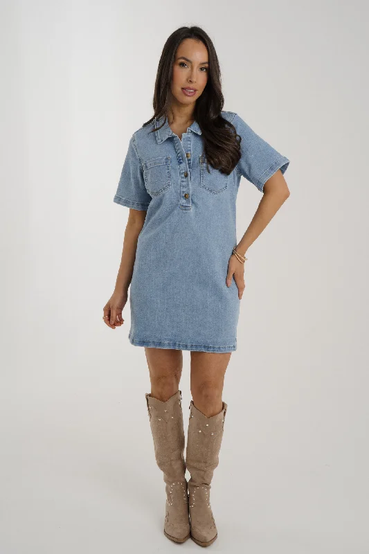 Mini dresses with tiered skirts for added volume Lynne Denim T-Shirt Dress In Light Wash Mini dresses with tiered skirts for added volume Lynne Denim T-Shirt Dress In Light Wash