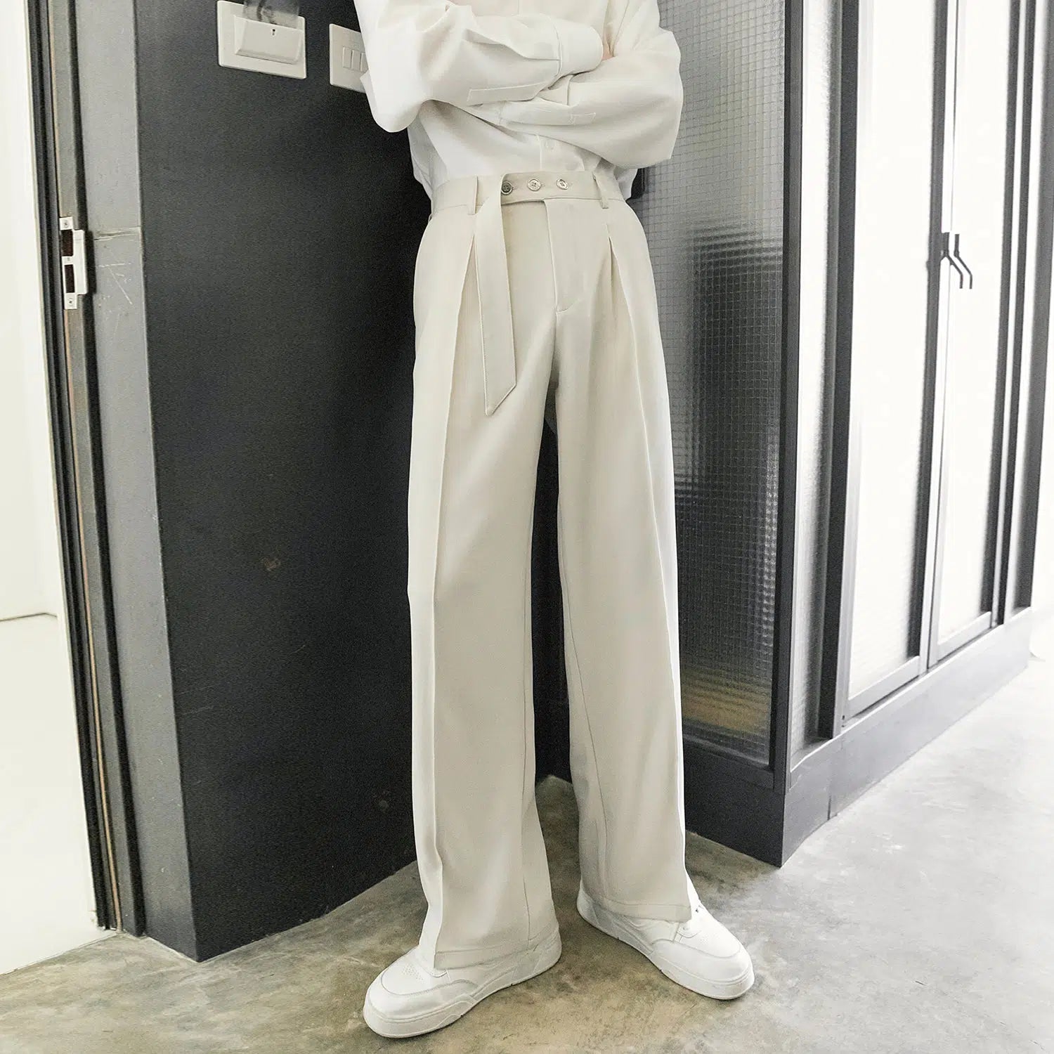 Women's Straight - Leg Linen Pants for a Breezy Summer LookBelt Drape Straight-leg Pleated Pants Women's Straight - Leg Linen Pants for a Breezy Summer LookBelt Drape Straight-leg Pleated Pants