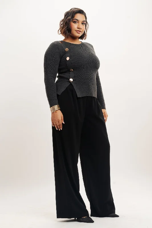 Plus Size Women's Metallic - Finish Joggers for a Stylish LoungeBlack Pleated Straight Fit Curve Korean Pant Plus Size Women's Metallic - Finish Joggers for a Stylish LoungeBlack Pleated Straight Fit Curve Korean Pant