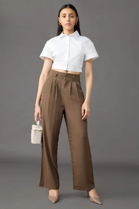 Plus Size Women's Pleated Front Dress Pants for Office WearClassic Pleated Wide Leg Korean Pants - Olive Brown Plus Size Women's Pleated Front Dress Pants for Office WearClassic Pleated Wide Leg Korean Pants - Olive Brown