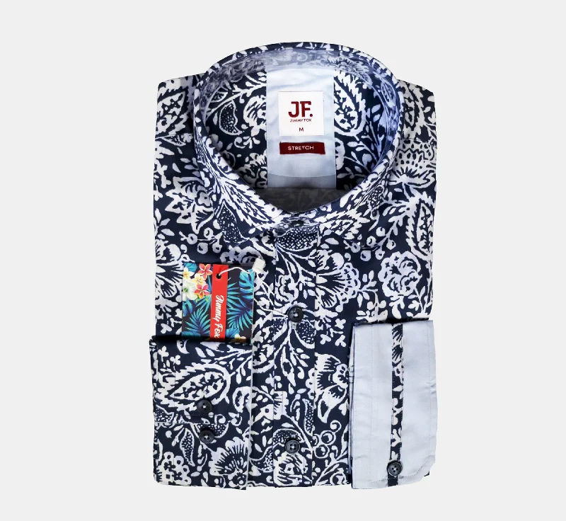 JF512A JIMMY FOX Blue Floral Print Tailored Fit Long Sleeve Shirt