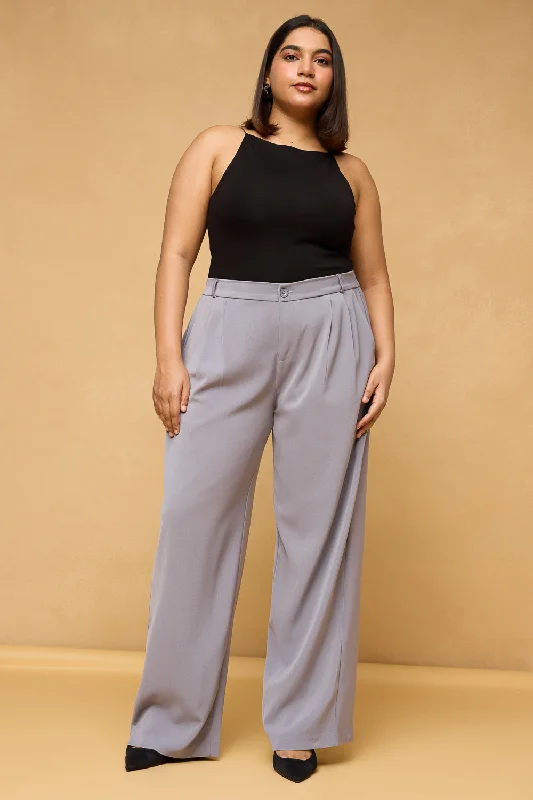 Plus Size Women's Metallic - Finish Joggers for a Stylish LoungeCurve Ash Grey Pleated Korean Pants Plus Size Women's Metallic - Finish Joggers for a Stylish LoungeCurve Ash Grey Pleated Korean Pants
