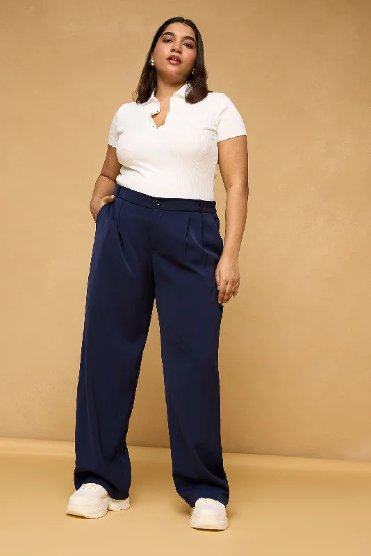 Tapered Leg Women's Wool Blend Trousers for WinterCurve Navy Blue Pleated Korean Pants Tapered Leg Women's Wool Blend Trousers for WinterCurve Navy Blue Pleated Korean Pants