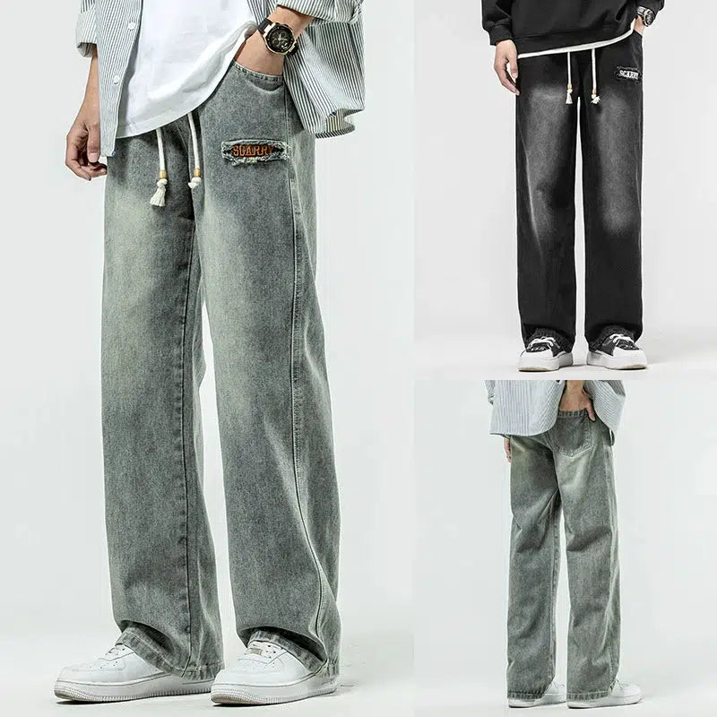Bell - Bottom Style Women's Denim Pants with Embroidered DetailsDrawstring Straight-leg Ripped Pants Bell - Bottom Style Women's Denim Pants with Embroidered DetailsDrawstring Straight-leg Ripped Pants