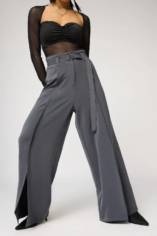 Plus Size Women's Drawstring - Waist Loungewear Pants in Soft FabricsSilken Grey Belted Flared Korean Pants Plus Size Women's Drawstring - Waist Loungewear Pants in Soft FabricsSilken Grey Belted Flared Korean Pants