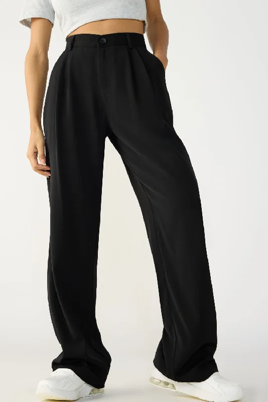 Straight - Leg Women's Vegan Leather Pants for a Chic LookBlack Double Pleated Korean Pants Straight - Leg Women's Vegan Leather Pants for a Chic LookBlack Double Pleated Korean Pants