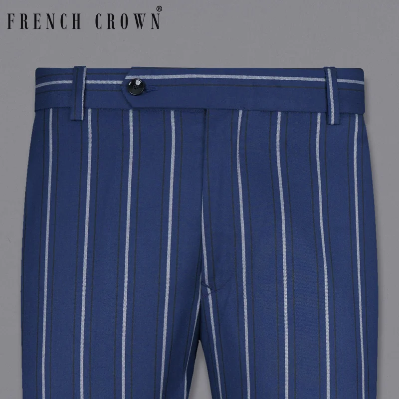 Palazzo Style Women's Printed Trousers in Bohemian PatternsRhino Blue Striped Wool Rich Pant