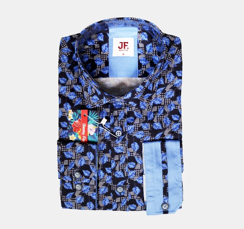 JF537A JIMMY FOX Navy Spotted Leaf Print Tailored Fit Long Sleeve Shirt