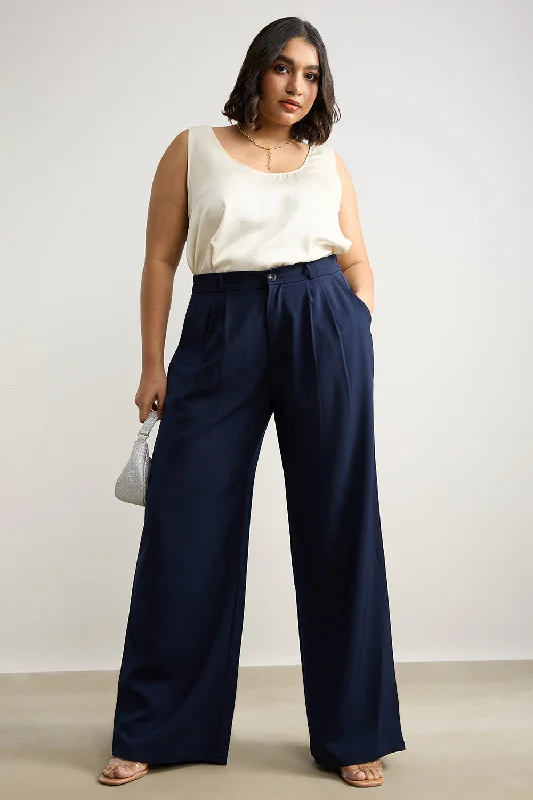 Plus Size Women's Patchwork - Design Jeans for a Unique AppearanceWomen's Curve Pleated Navy Blue Korean Pant Plus Size Women's Patchwork - Design Jeans for a Unique AppearanceWomen's Curve Pleated Navy Blue Korean Pant