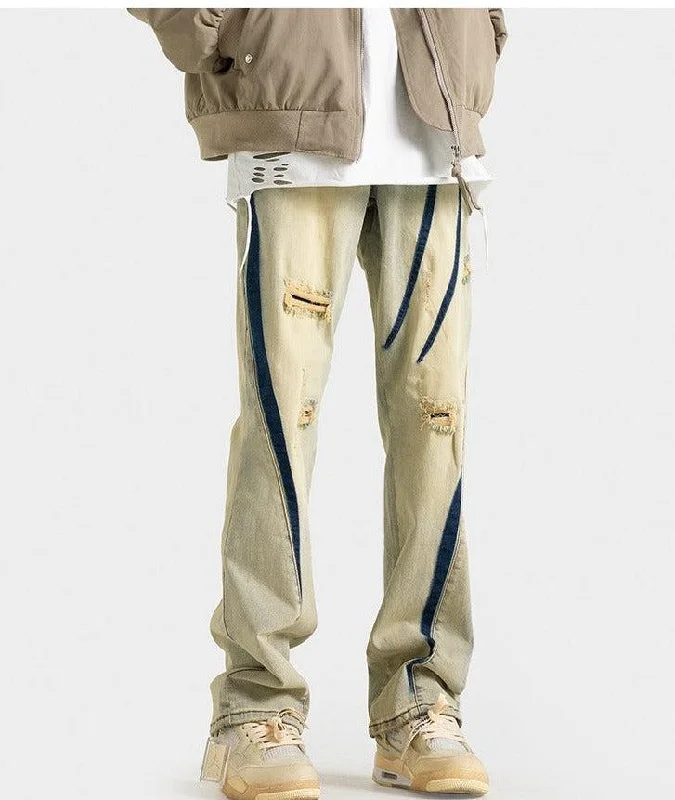 Tapered Leg Women's Wool Blend Trousers for WinterYellow Mud Dyed Hole Pants