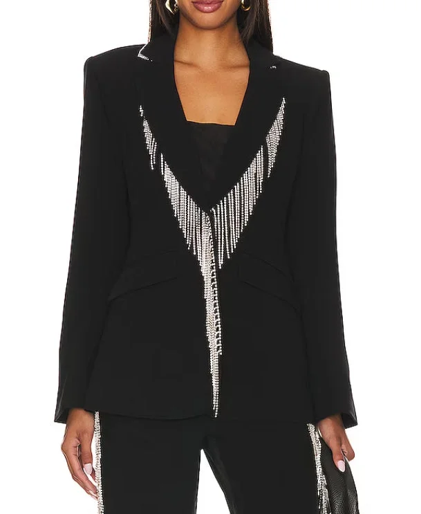 Cinq a Sept Women Rhinestone Fringe Embroidered Cheyenne Blazer Black