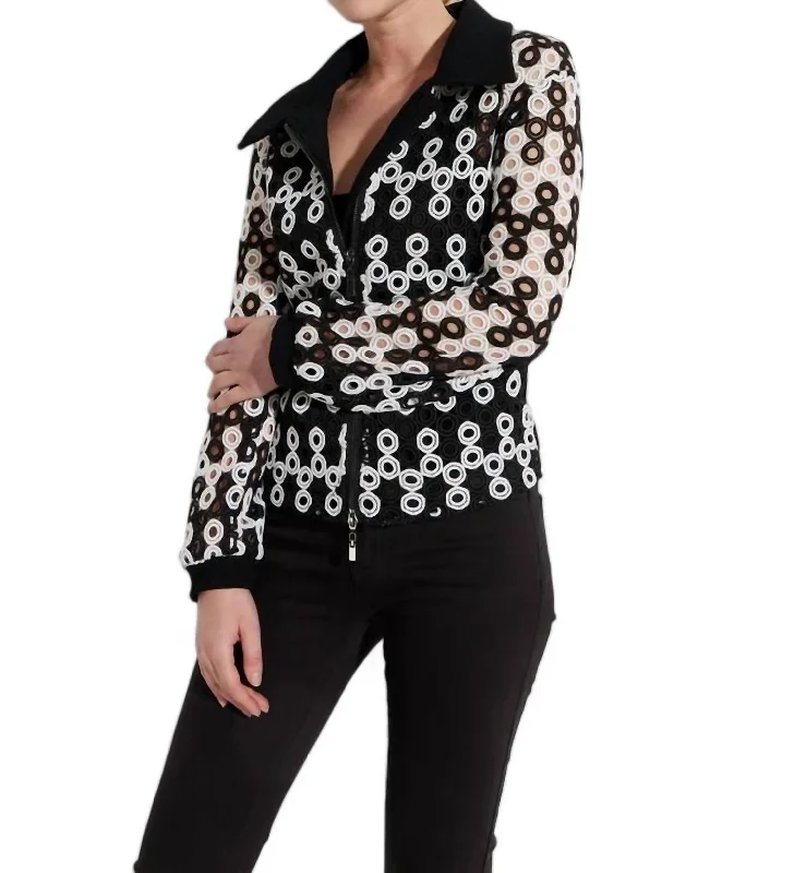 Double - Breasted Women's Polyester Blazers in Bright Colors for a Fun StyleEyelet Zip Jacket In Black/white Double - Breasted Women's Polyester Blazers in Bright Colors for a Fun StyleEyelet Zip Jacket In Black/white