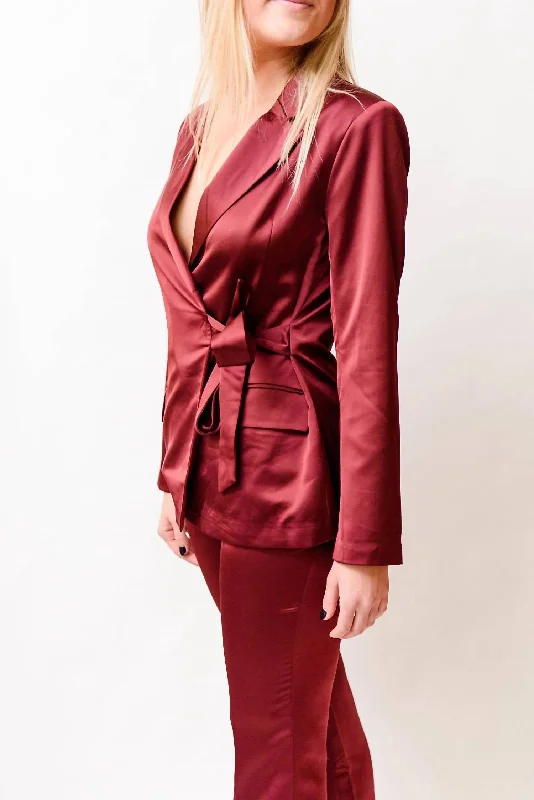 Plus Size Women's Faux Fur - Trimmed Blazers in Black for a Luxurious LookGlenda Satin Blazer In Burgundy Plus Size Women's Faux Fur - Trimmed Blazers in Black for a Luxurious LookGlenda Satin Blazer In Burgundy
