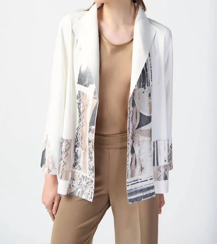 Plus Size Women's Military - Inspired Blazers with Gold Accents for a Bold LookPatchwork Suede Jacket With Foil Print Accents In Vanilla/multi Plus Size Women's Military - Inspired Blazers with Gold Accents for a Bold LookPatchwork Suede Jacket With Foil Print Accents In Vanilla/multi