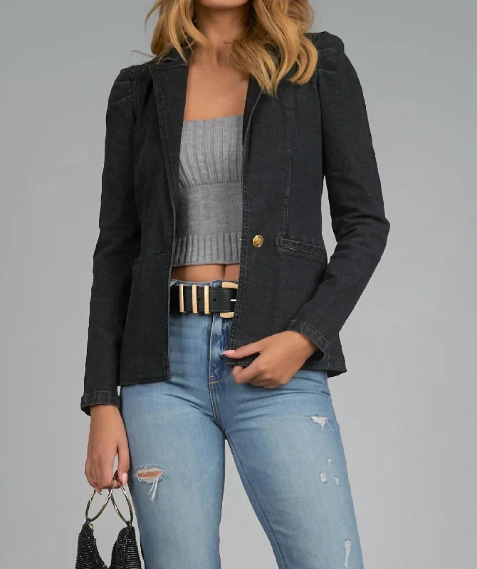 Single - Breasted Women's Tweed Blazers with Gold Buttons for a Classic LookPuff Sleeve Blazer Jacket In Black Vintage Wash Single - Breasted Women's Tweed Blazers with Gold Buttons for a Classic LookPuff Sleeve Blazer Jacket In Black Vintage Wash