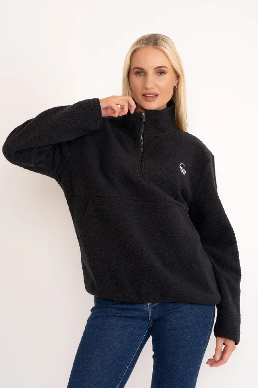 long length women cardigan with side slits1/2 Zip Teddy Fleece in Black