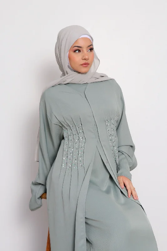 hand knitted women cardigan with artisanal charmAaira Textured Beaded Open Abaya- Mint hand knitted women cardigan with artisanal charmAaira Textured Beaded Open Abaya- Mint