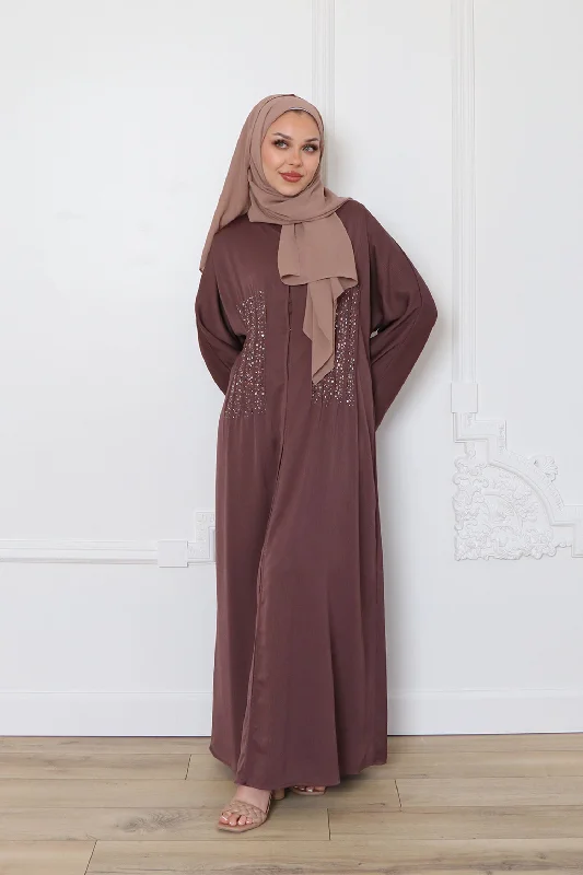 oversized women cardigan for a trendy and cozy lookAaira Textured Beaded Open Abaya- Mocha oversized women cardigan for a trendy and cozy lookAaira Textured Beaded Open Abaya- Mocha