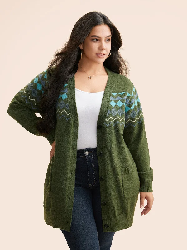 button down women cardigan with vintage buttonsBandana Geometric Patch Pocket Cardigan