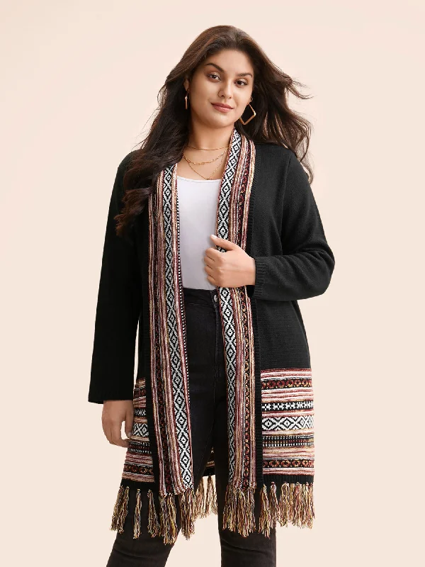 v neck women cardigan to elongate the necklineBandana Lapel Collar Tassel Trim Cardigan v neck women cardigan to elongate the necklineBandana Lapel Collar Tassel Trim Cardigan