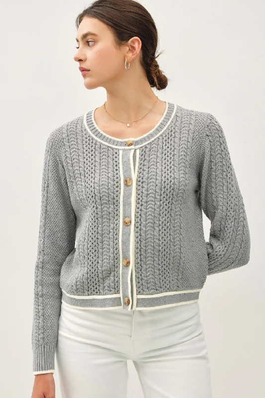 ribbed women cardigan with a classic textureBe Cool Cable Knit Long Sleeve Contrast Edge Cardigan ribbed women cardigan with a classic textureBe Cool Cable Knit Long Sleeve Contrast Edge Cardigan