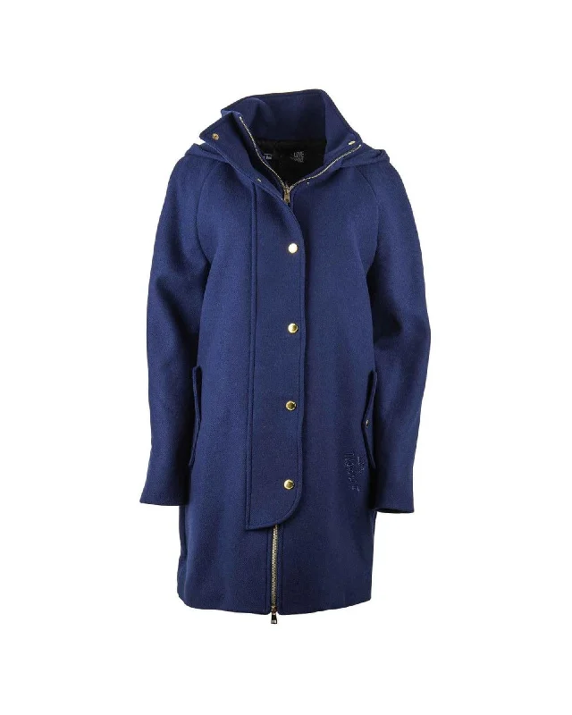 Hooded women's puffer coats in neon colors for high - visibility sportsLove Moschino Women's Blue Wool Blend Hooded Coat Hooded women's puffer coats in neon colors for high - visibility sportsLove Moschino Women's Blue Wool Blend Hooded Coat
