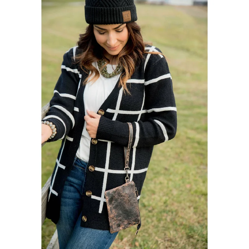 lightweight women cardigan for spring and fallBlack/White Button Grid Cardigan
