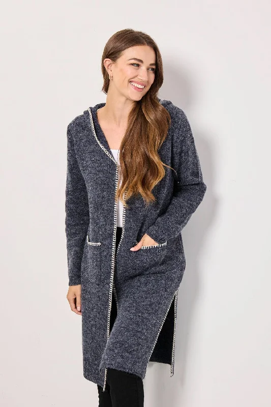 cable knit women cardigan with intricate patternsBlanket Stitch Cardigan with hood- Denim cable knit women cardigan with intricate patternsBlanket Stitch Cardigan with hood- Denim