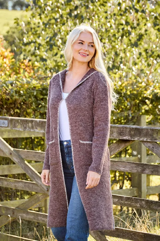 oversized women cardigan for a trendy and cozy lookBlanket Stitch Cardigan with Hood- Brown oversized women cardigan for a trendy and cozy lookBlanket Stitch Cardigan with Hood- Brown