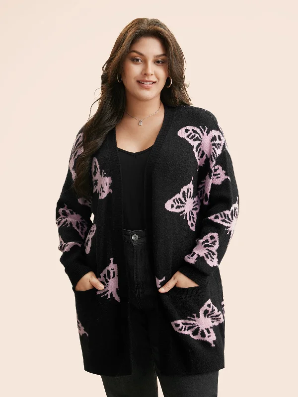 long length women cardigan with side slitsButterfly Print Open Front Cardigan