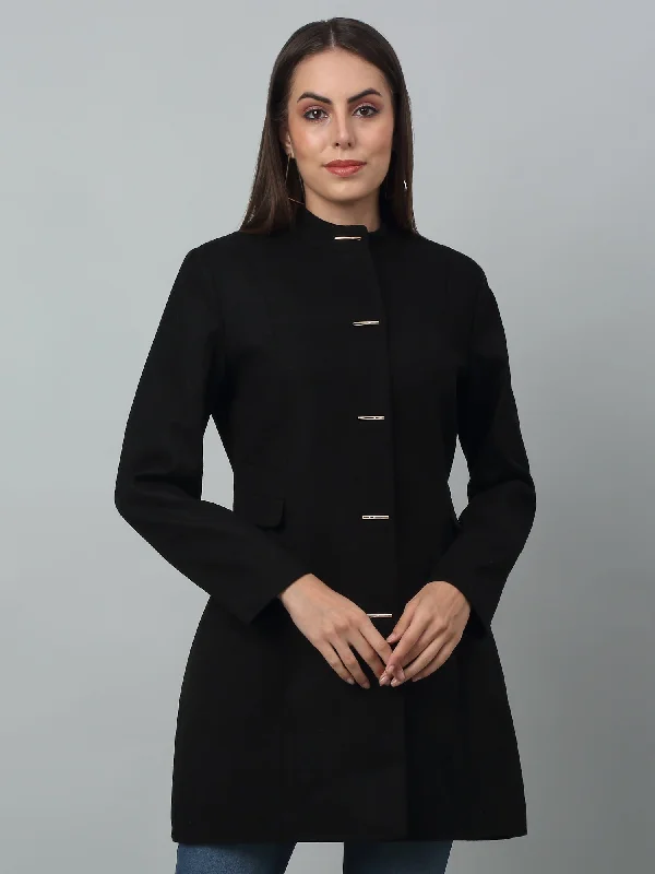 Women's pea coats with brass buttons for a nautical - inspired styleWomen's Casual Black Single breasted Stand Collar Long Coat Women's pea coats with brass buttons for a nautical - inspired styleWomen's Casual Black Single breasted Stand Collar Long Coat