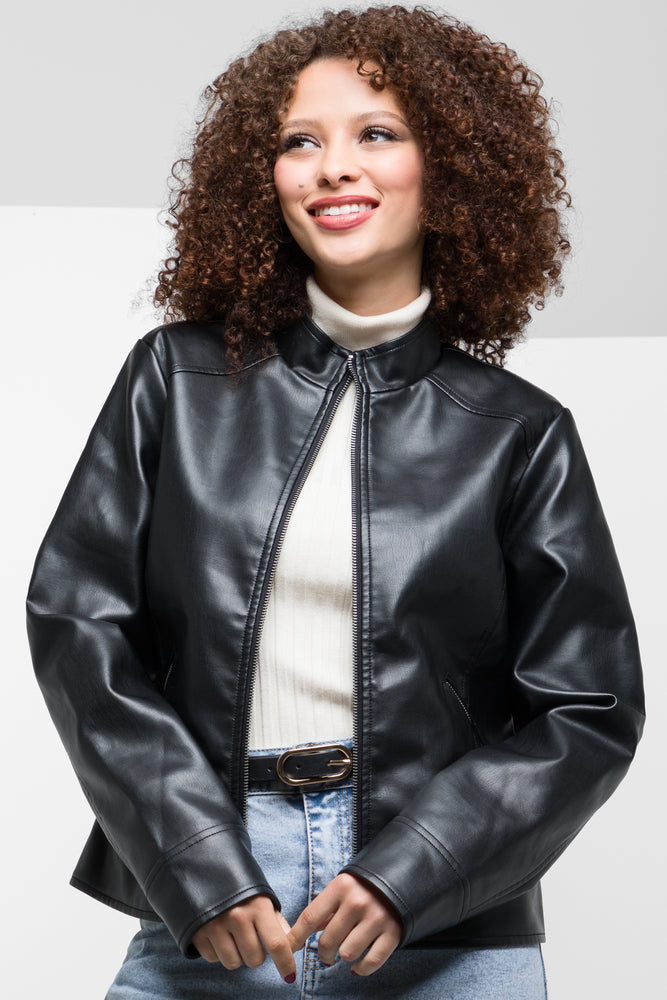 Water - resistant women's trench coats with adjustable cuffs for rainy daysCrew Pu Biker Jacket Black Water - resistant women's trench coats with adjustable cuffs for rainy daysCrew Pu Biker Jacket Black