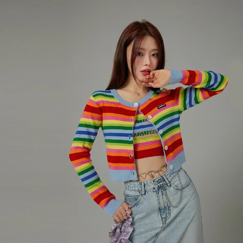 cable knit women cardigan with intricate patternsRainbow Stripes Knit Button Cropped Cardigan cable knit women cardigan with intricate patternsRainbow Stripes Knit Button Cropped Cardigan
