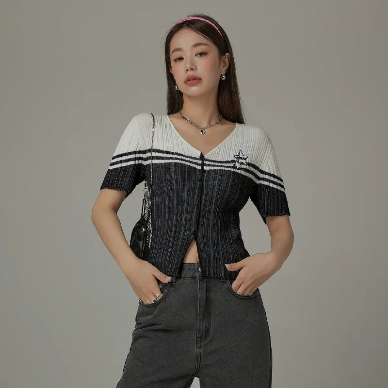 hand knitted women cardigan with artisanal charmRibbed Color Blocked Button Short Sleeve Cardigan hand knitted women cardigan with artisanal charmRibbed Color Blocked Button Short Sleeve Cardigan