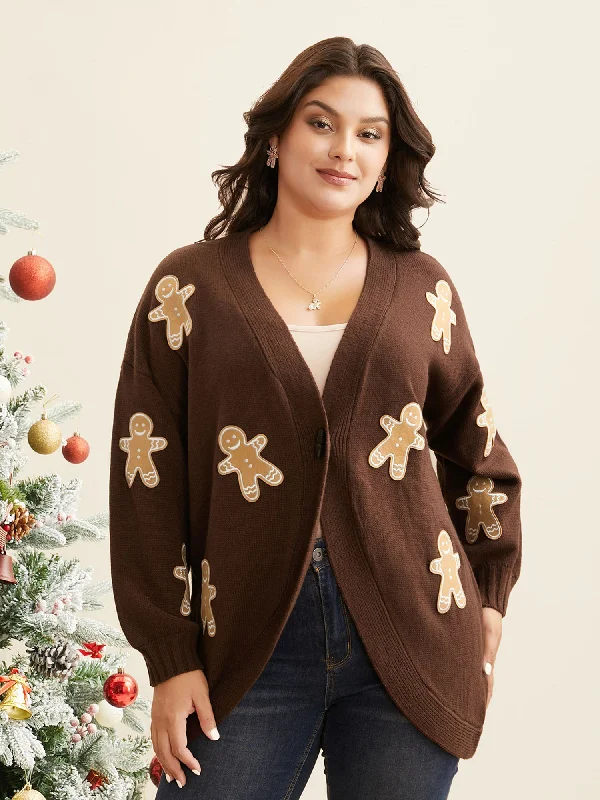 machine washable women cardigan for easy careGingerbread Motifs Arc Hem Button-Front Cardigan machine washable women cardigan for easy careGingerbread Motifs Arc Hem Button-Front Cardigan