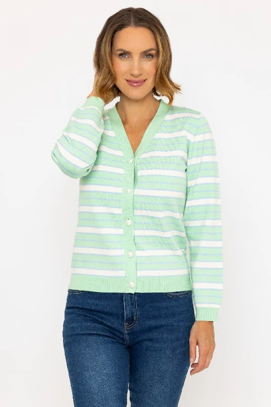 v neck women cardigan to elongate the necklineGreen Stripe V-Neck Cardigan