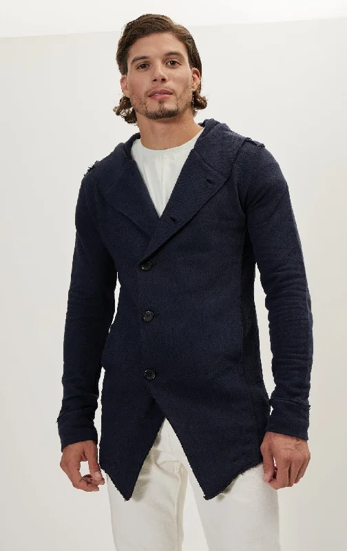 Hooded Asymmetric Closure Raw Cardigan - Navy