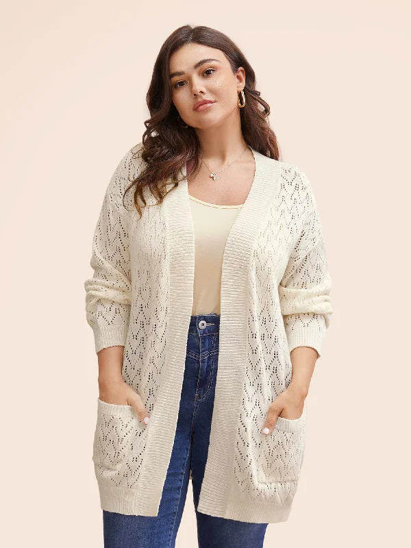 Kimono Collar Patch Pocket Pointelle Knit Cardigan