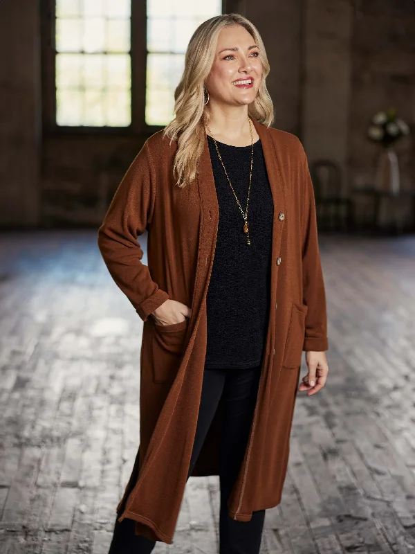 long length women cardigan with side slitsToffee Longline Cardigan