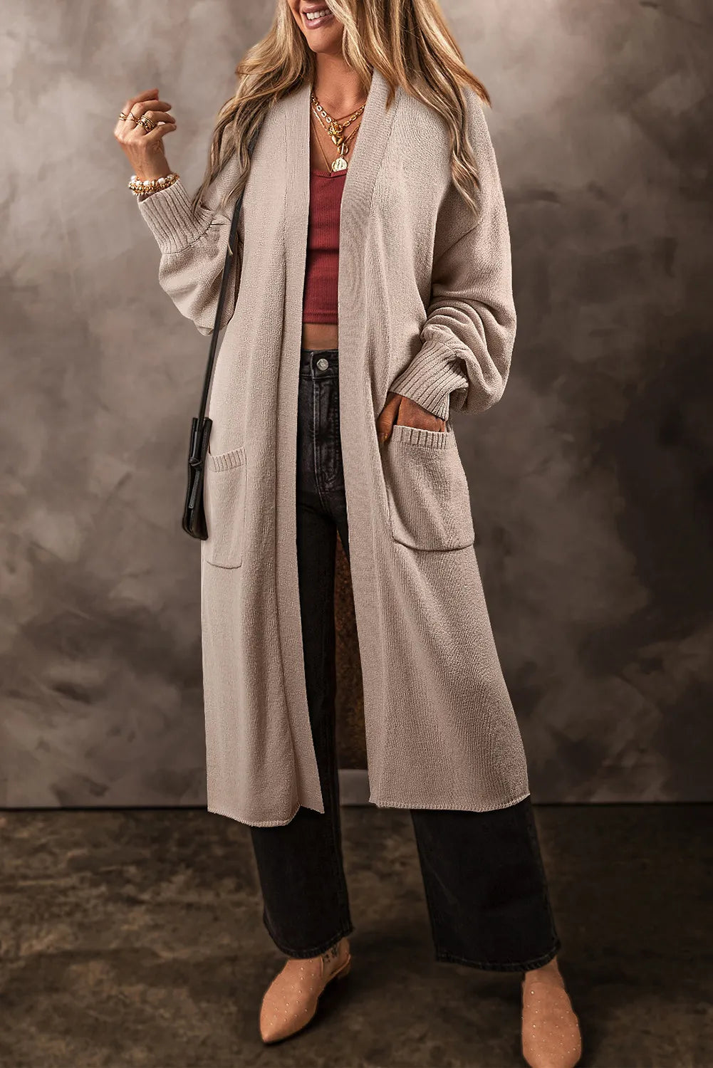 open front women cardigan for easy stylingPocketed Open Front Long Sleeve Cardigan