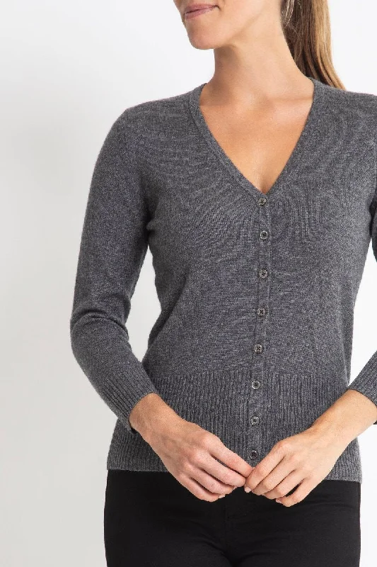 hand knitted women cardigan with artisanal charmSilk + Cashmere Audrey Cardigan in Charcoal Marle Grey hand knitted women cardigan with artisanal charmSilk + Cashmere Audrey Cardigan in Charcoal Marle Grey