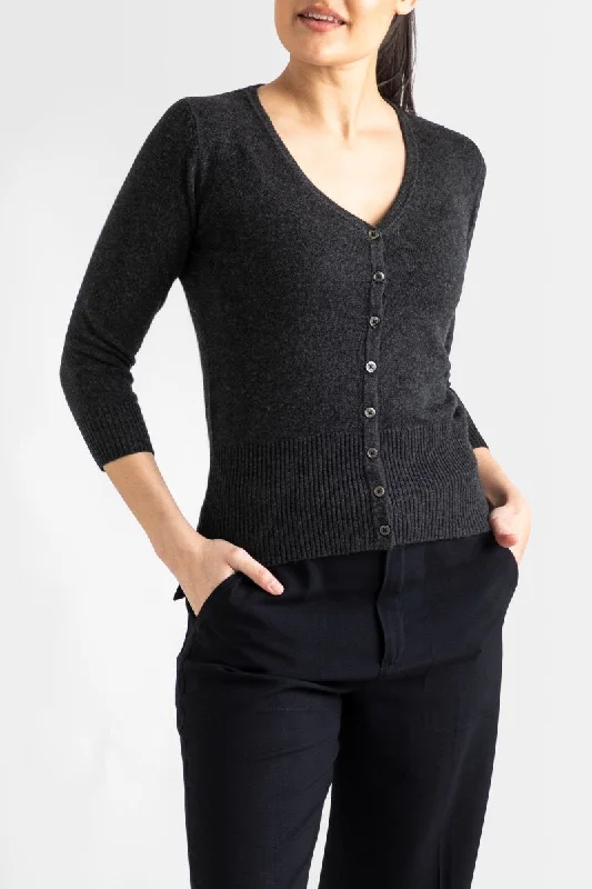 ribbed women cardigan with a classic textureSilk + Cashmere Audrey Cardigan in Dark Charcoal Marle ribbed women cardigan with a classic textureSilk + Cashmere Audrey Cardigan in Dark Charcoal Marle