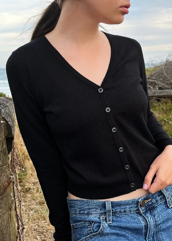 cropped women cardigan to pair with high - waisted jeansSummer V-neck Cardigan in Black cropped women cardigan to pair with high - waisted jeansSummer V-neck Cardigan in Black