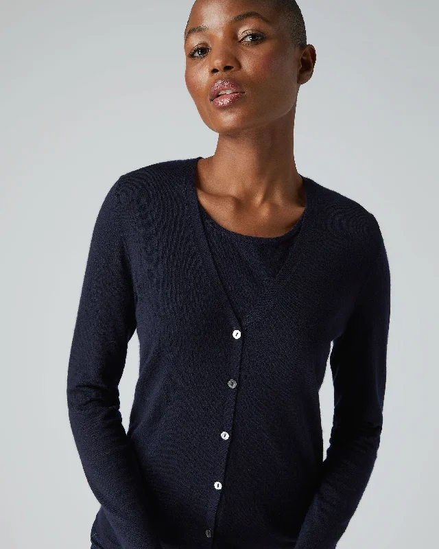 long length women cardigan with side slitsWomen's Mia Superfine Cashmere V Neck Cardigan Navy Blue