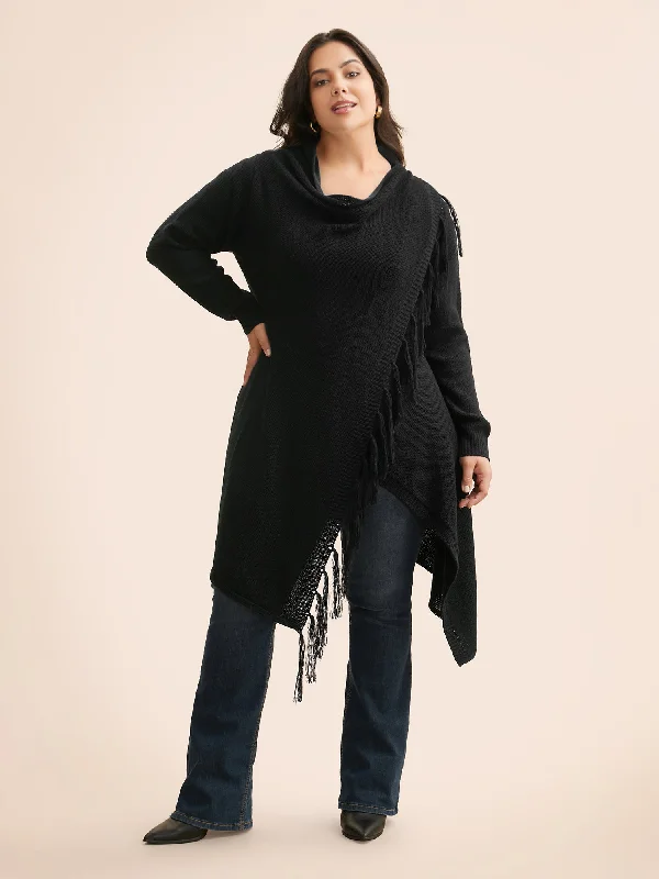 Texture Tassel Trim Asymmetrical Hem Cardigan